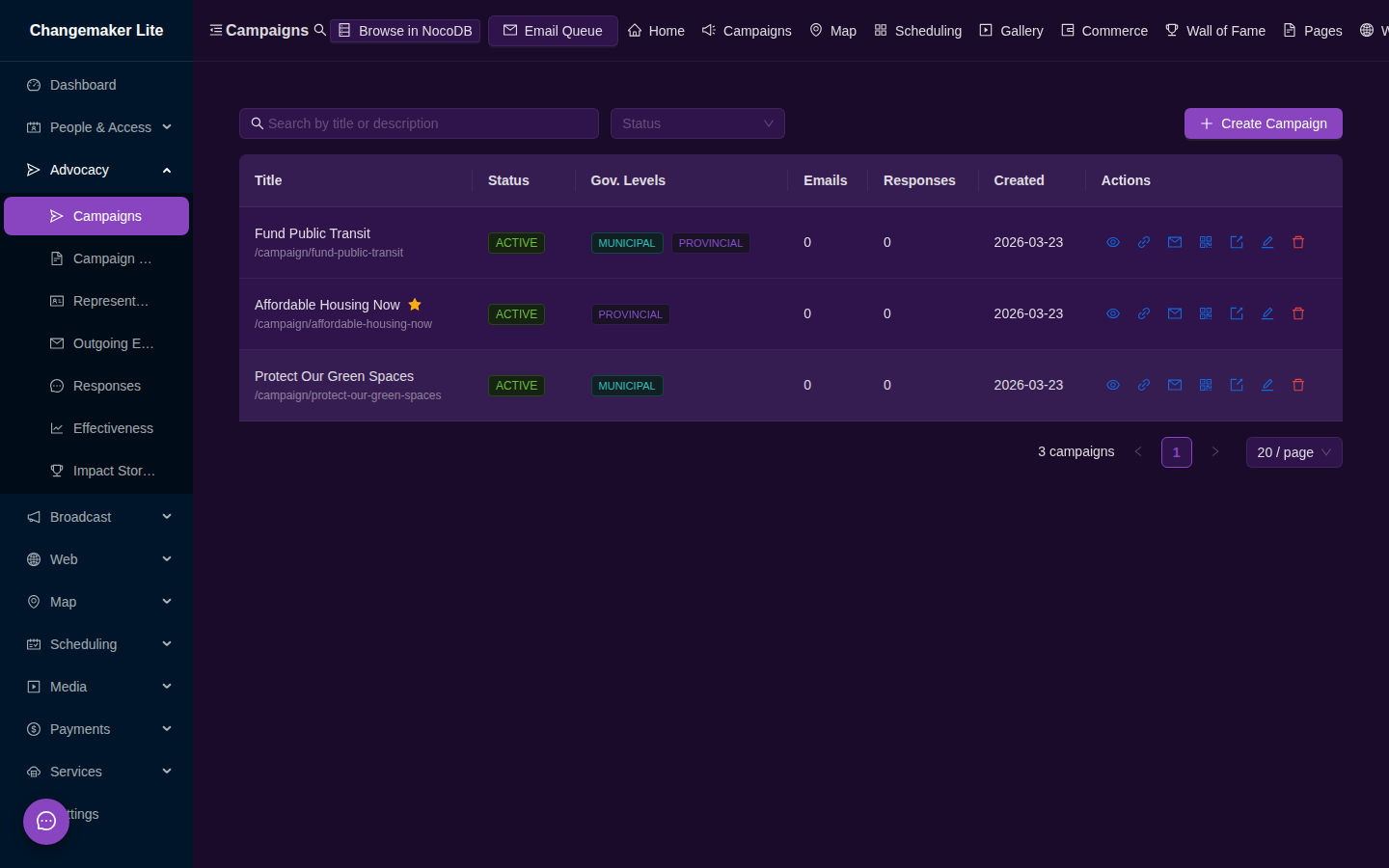 Advocacy campaigns dashboard showing campaign list with status badges, email counts, and response tracking