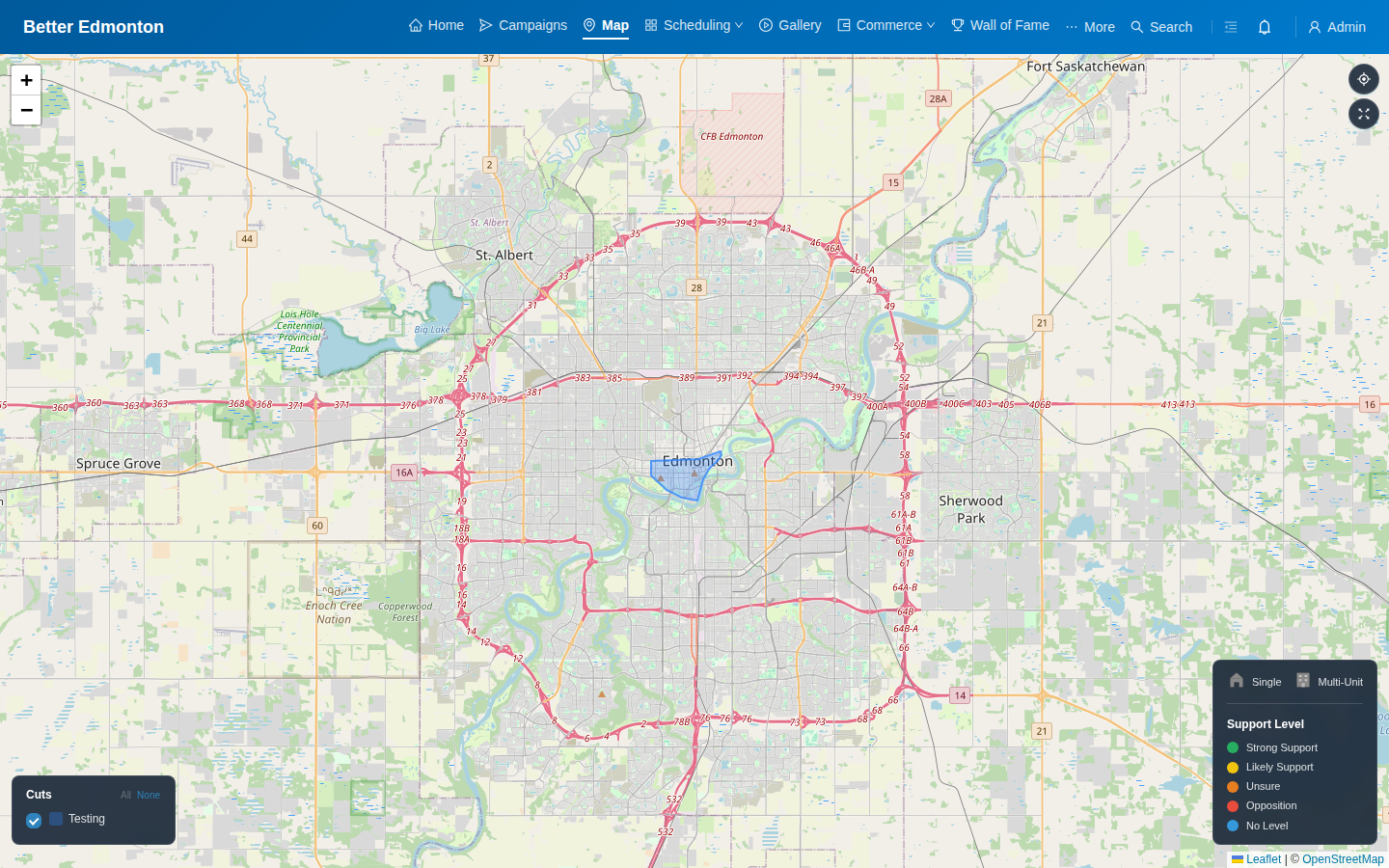 Public interactive map showing Edmonton with canvassing territory overlays and support level legend